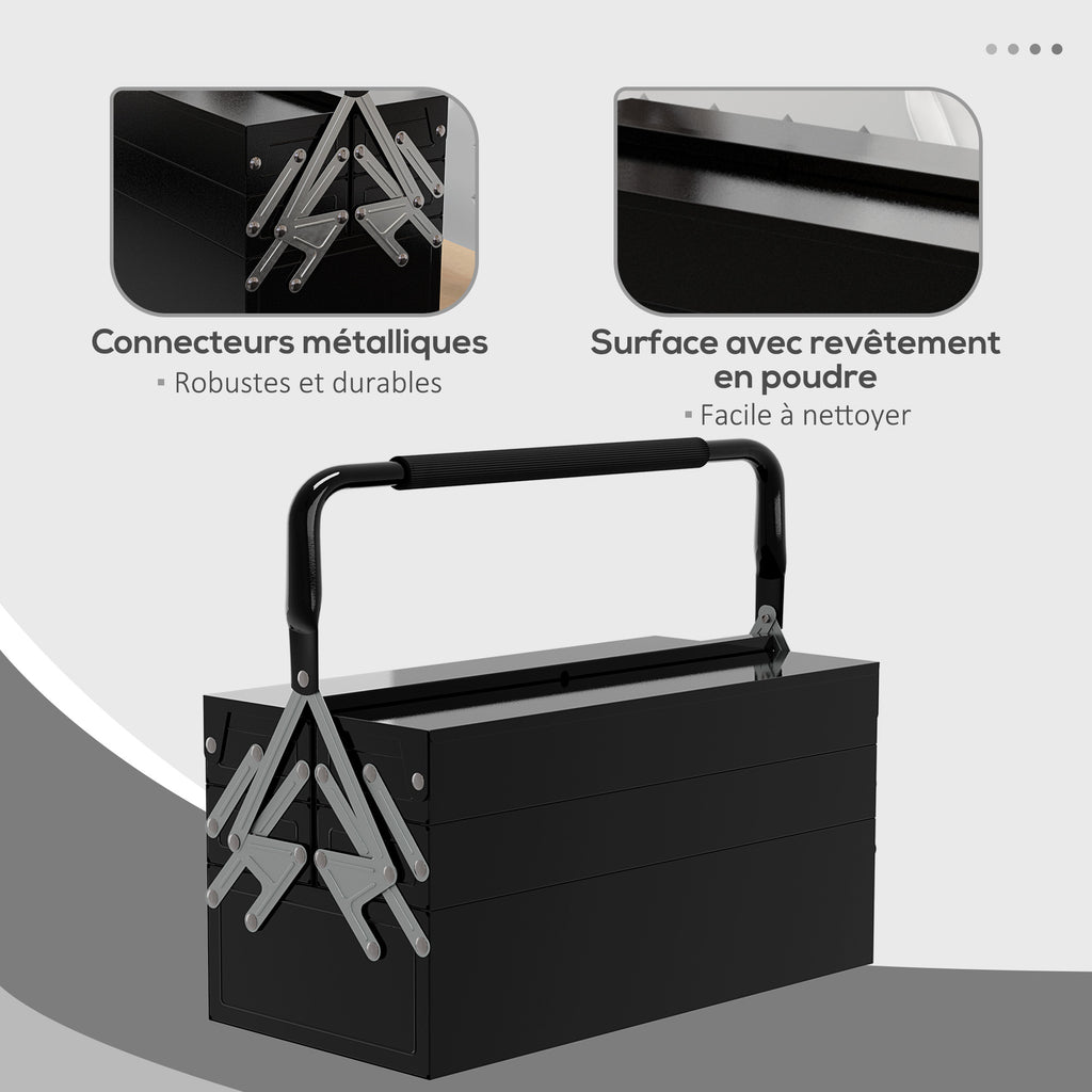Boite à outils métallique - coffret à outils - caisse à outils 3 niveaux 5 plateaux rétractables - tôle acier noir-5