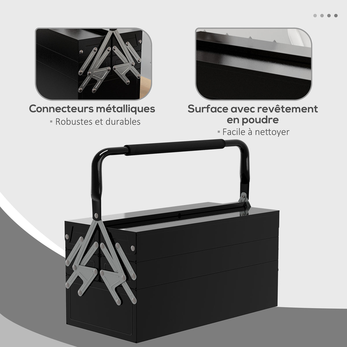 Boite à outils métallique - coffret à outils - caisse à outils 3 niveaux 5 plateaux rétractables - tôle acier noir-5