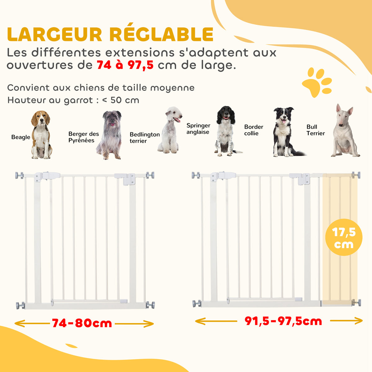 Barrière de sécurité largueur réglable 74-80 / 91,5-97,5 cm double verrouillage fermeture automatique barrière chien pour porte couloir escalier sans perçage acier blanc-3