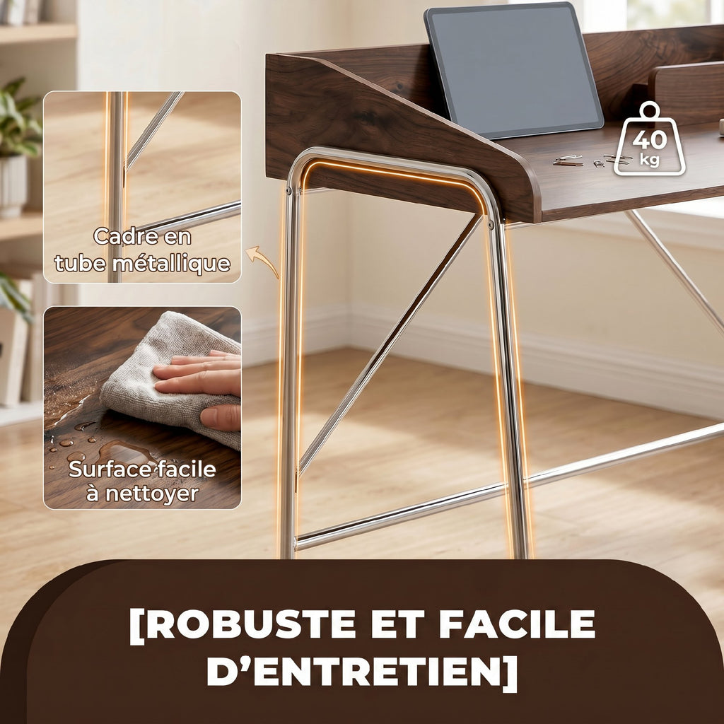 Bureau, bureau d'ordinateur 109 cm avec rebord de sécurité et structure en métal, noyer-6