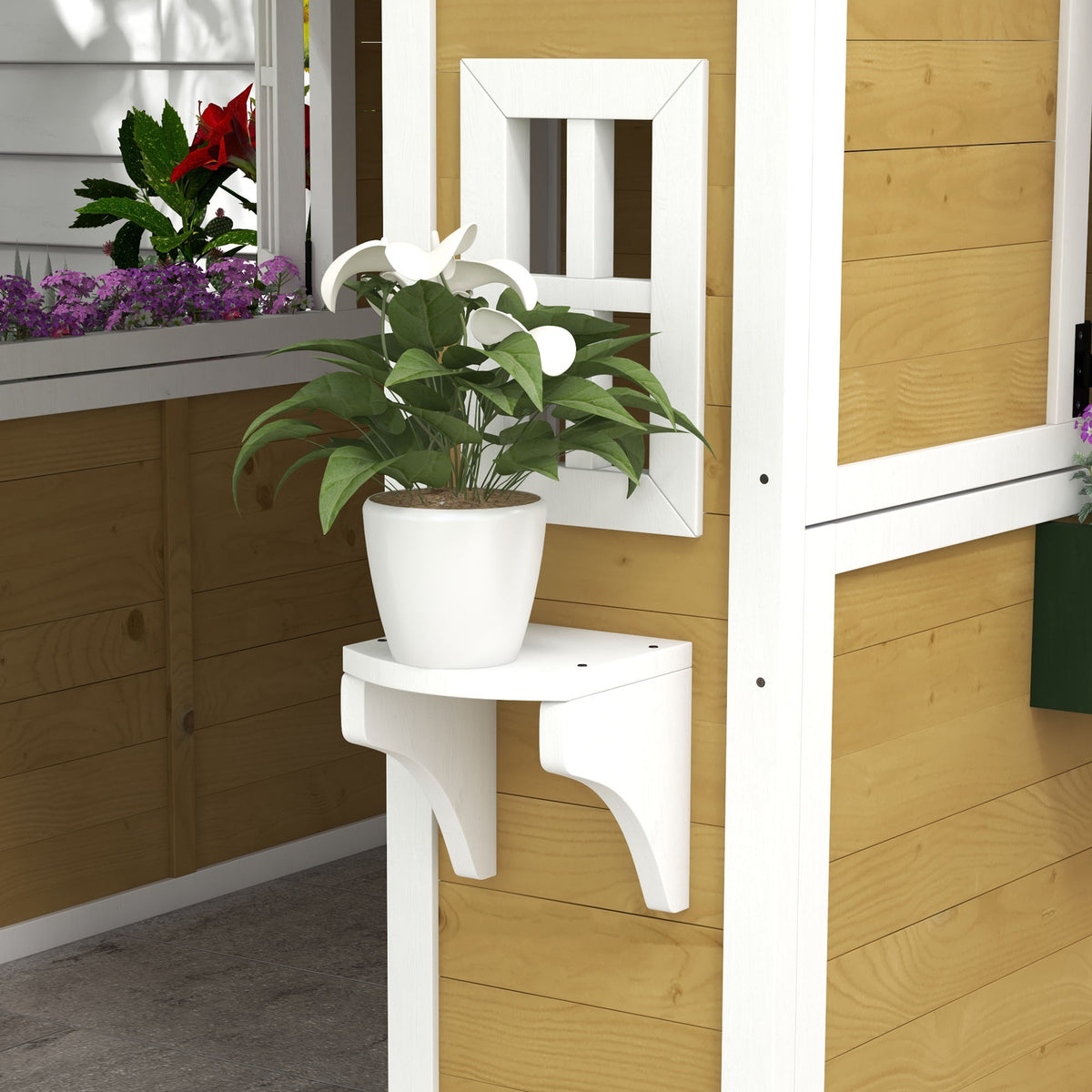 Cabane enfant extérieur maison enfant extérieure avec porte fenêtres et jardinières 114 x 126,4 x 135 cm beige-8
