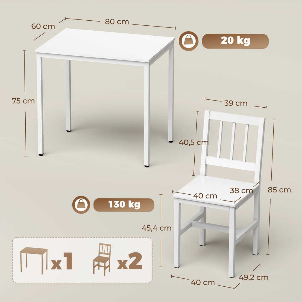 Ensemble Table Salle à Manger avec 2 Chaises, Table de Cuisine Rectangulaire 80 cm, Chaises à Dossier à Lattes, Blanc-2