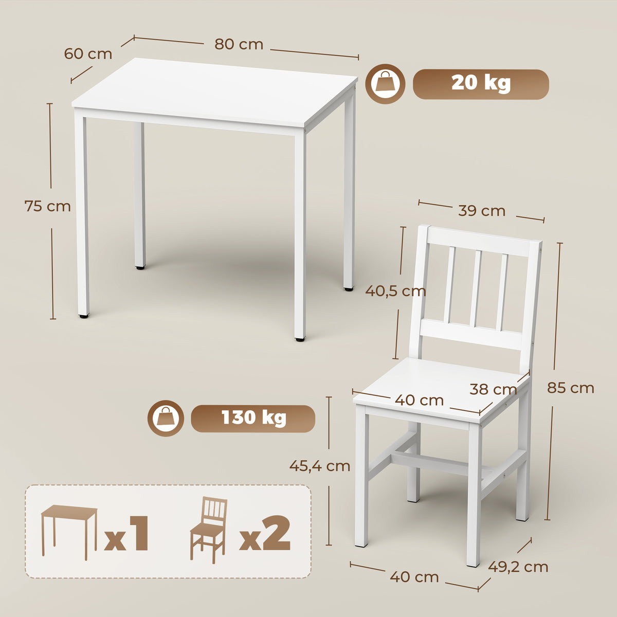 Ensemble Table Salle à Manger avec 2 Chaises, Table de Cuisine Rectangulaire 80 cm, Chaises à Dossier à Lattes, Blanc-2