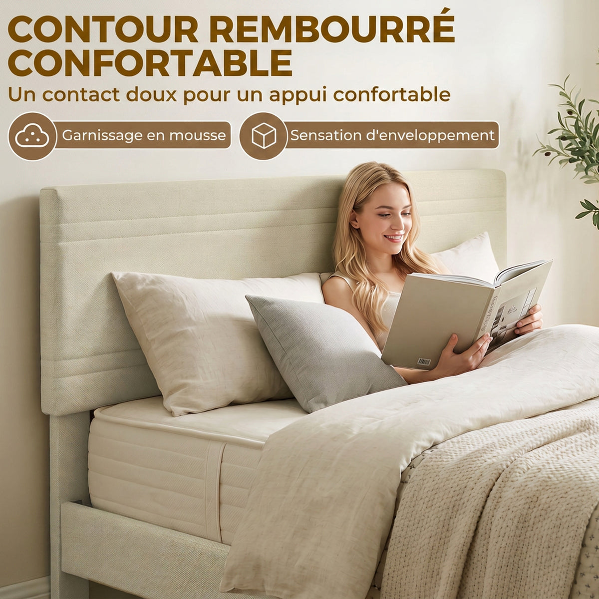 Cadre de Lit 160 x 200 cm avec Sommier en Bois, Rembourré en Effet Lin, Cadre en Acier, 9 Pieds Robustes, Beige-3