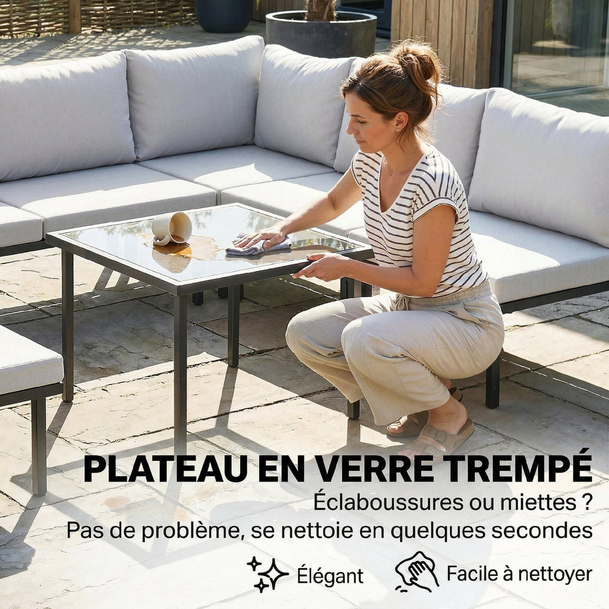 Salon de jardin extérieur d'angle modulable 6 personnes, table basse avec plateau en verre trempé, gris clair-6