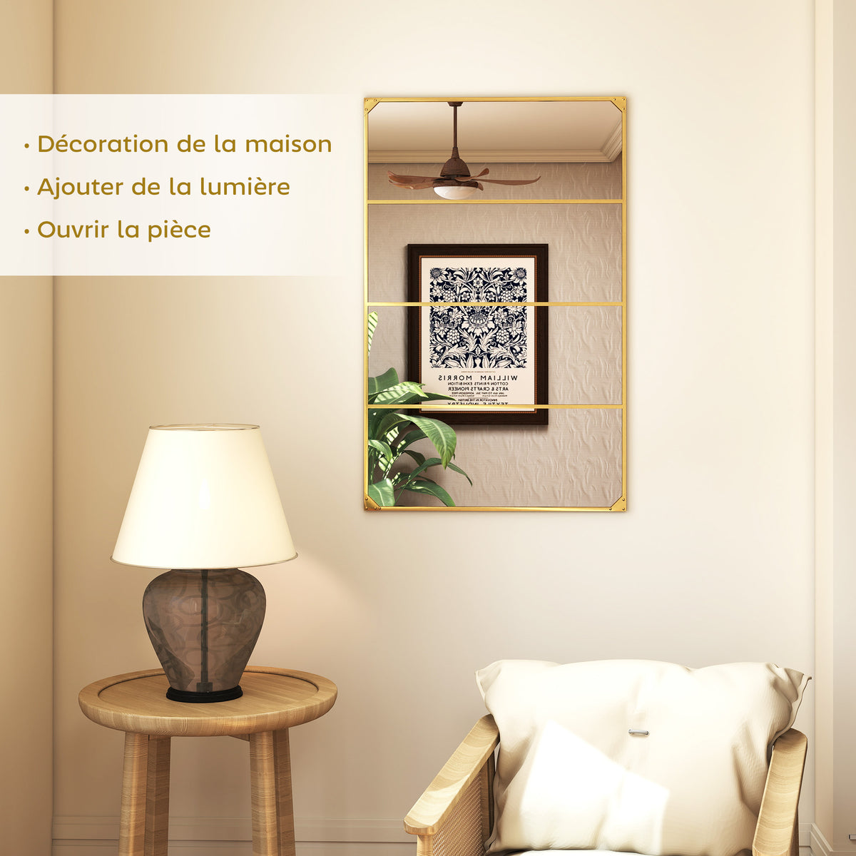 Miroir mural verrière rectangulaire style industriel, horizontal ou vertical avec 4 crochets, en métal doré 109 x 69 cm-3