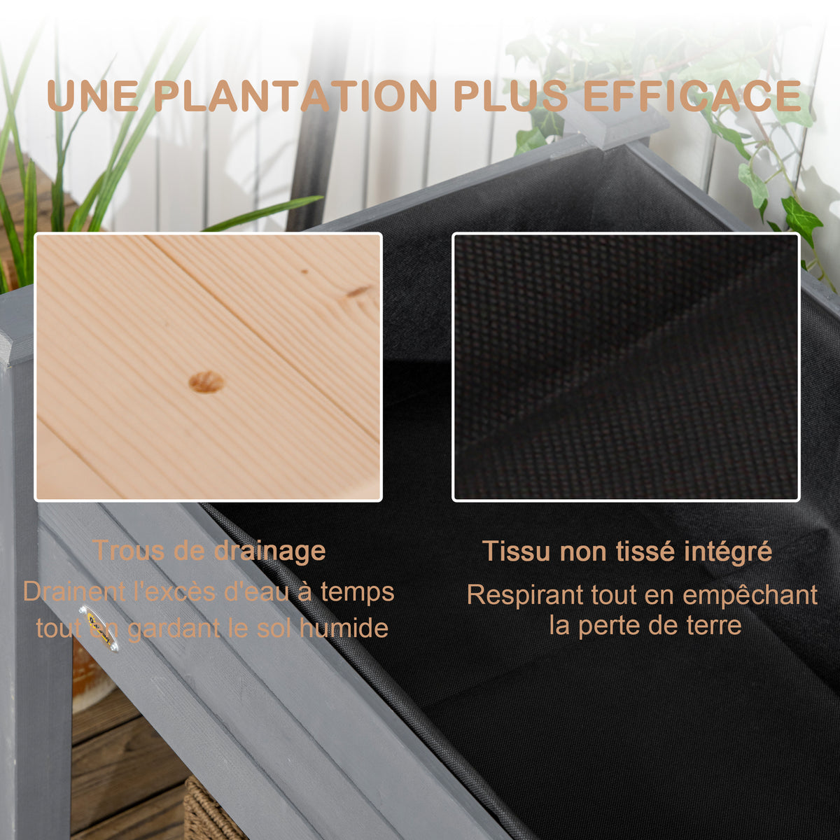 Jardinière sur Pieds Potager dim. 122,5L x 56,5l x 76H cm Inserts d'irrigation + Feutre de Drainage Bois Massif Sapin-6