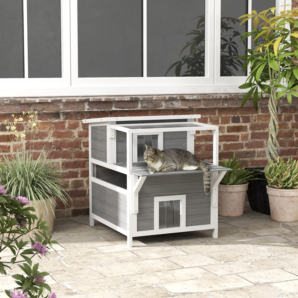 Maison pour chats 2 niveaux avec balcon abrité, toit ouvrable, extérieur, intérieur, gris clair-1