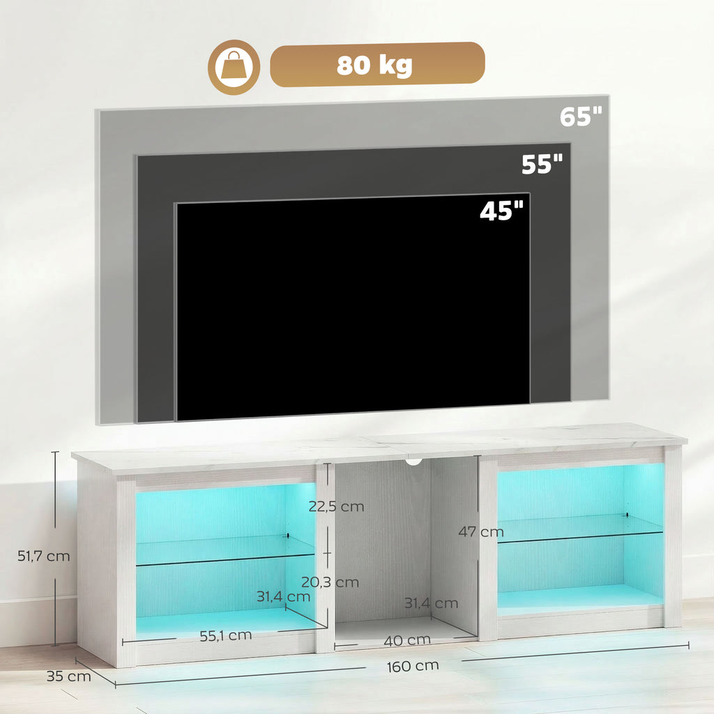Meuble TV avec éclairage LED pour télévision jusqu'à 70 pouces, 160cm avec étagères en verre réglables, blanc-2