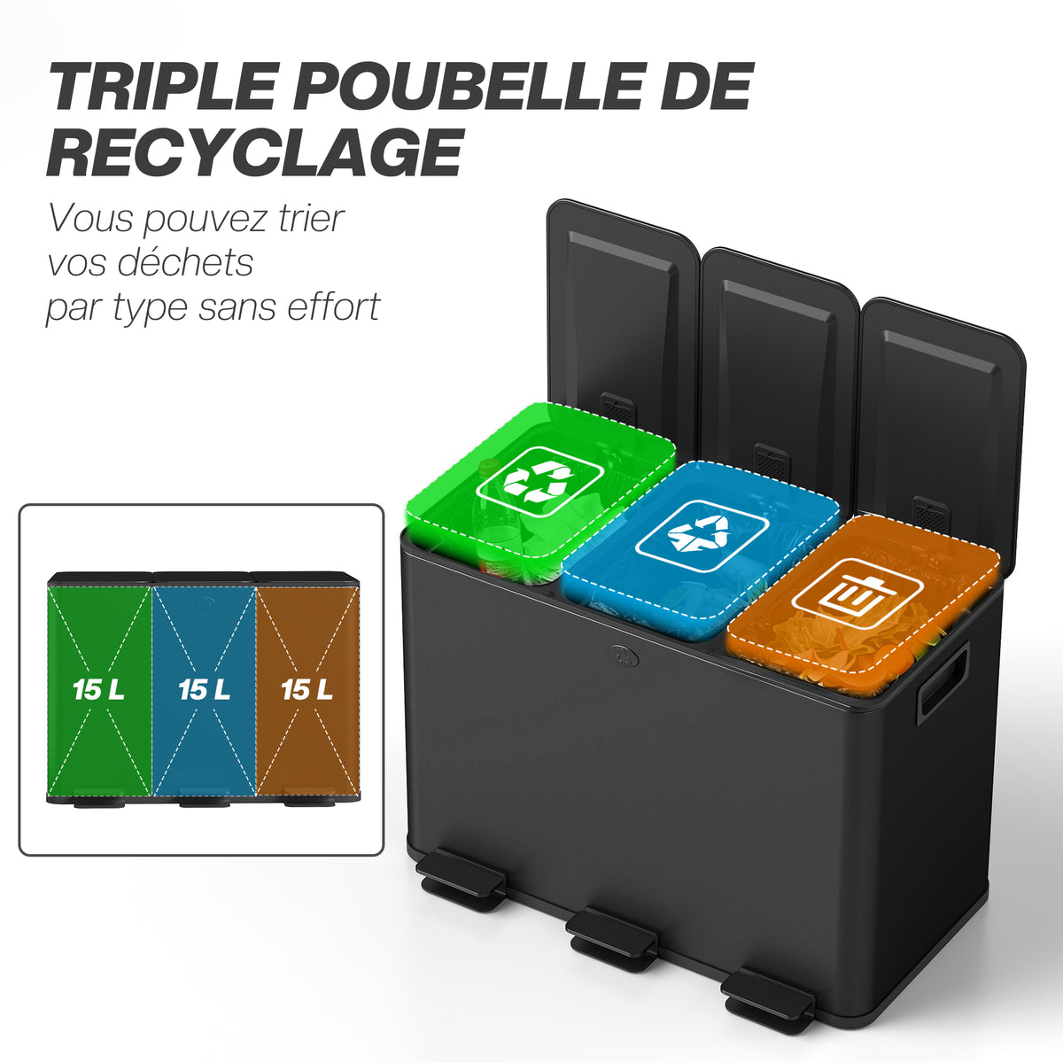 Poubelle de cuisine 45L avec 3 compartiments de 15L, couvercle, seaux intérieurs amovibles, 3 x 15L, noir-3