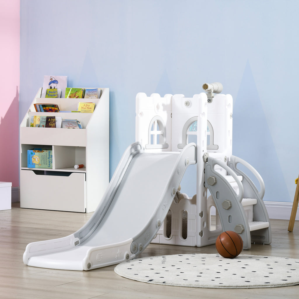 Toboggan pour enfants 5 en 1 avec panier de basket escalade télescope espace de rangement 70 x 177 x 92 cm gris-9