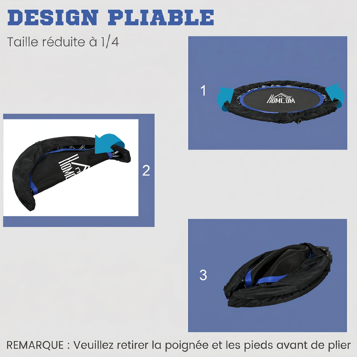 Trampoline de fitness gymnastique avec poignée réglable, pliable, 6 pieds, 28 ressorts Ø 102 cm, noir bleu-4