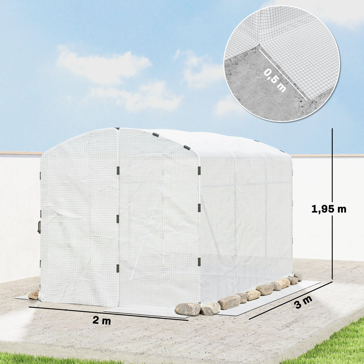 Serre tunnel de jardin 6m², serre de jardin tunnel 300x200x195cm bâche PE 220g/m² bords prolongés 50 cm avec porte blanc-2
