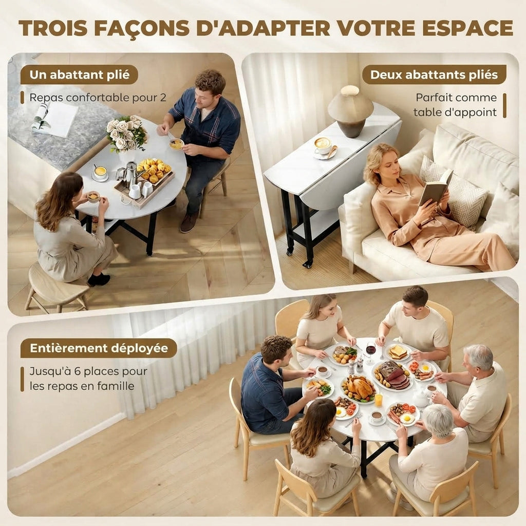 Table à Manger Pliante sur Roulettes, Table de Cuisine pour 4 Personnes avec Étagère Intégrée, 100 x 100 x 75 cm, Blanc-3