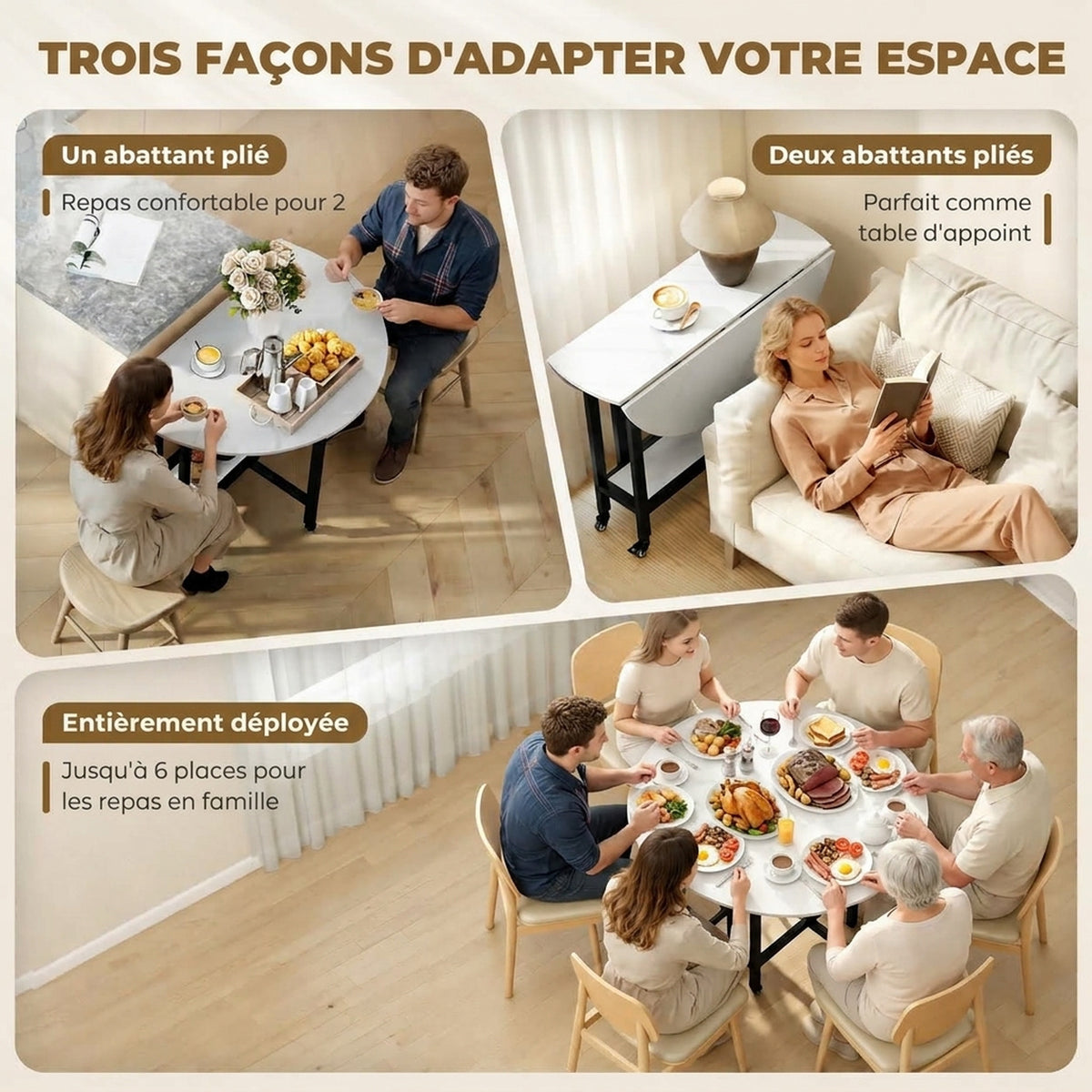 Table à Manger Pliante sur Roulettes, Table de Cuisine pour 4 Personnes avec Étagère Intégrée, 100 x 100 x 75 cm, Blanc-3