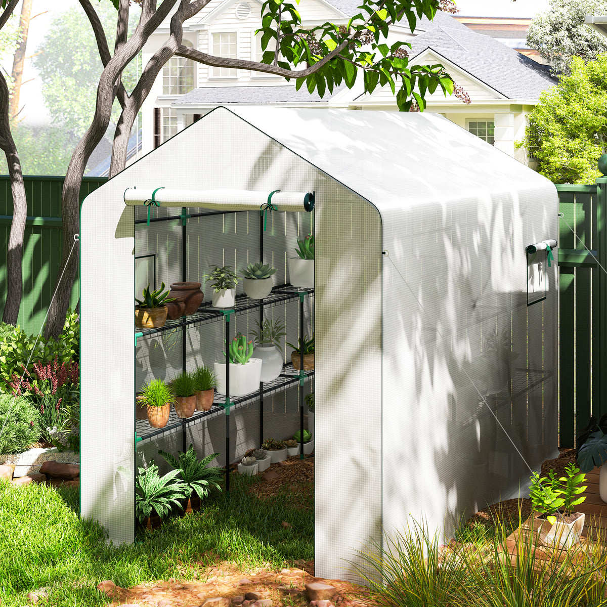 Serre de jardin 3 m² avec étagères 3 niveaux, PE renforcée 135 g/m² anti-UV, porte enroulable et fenêtres en maille-9