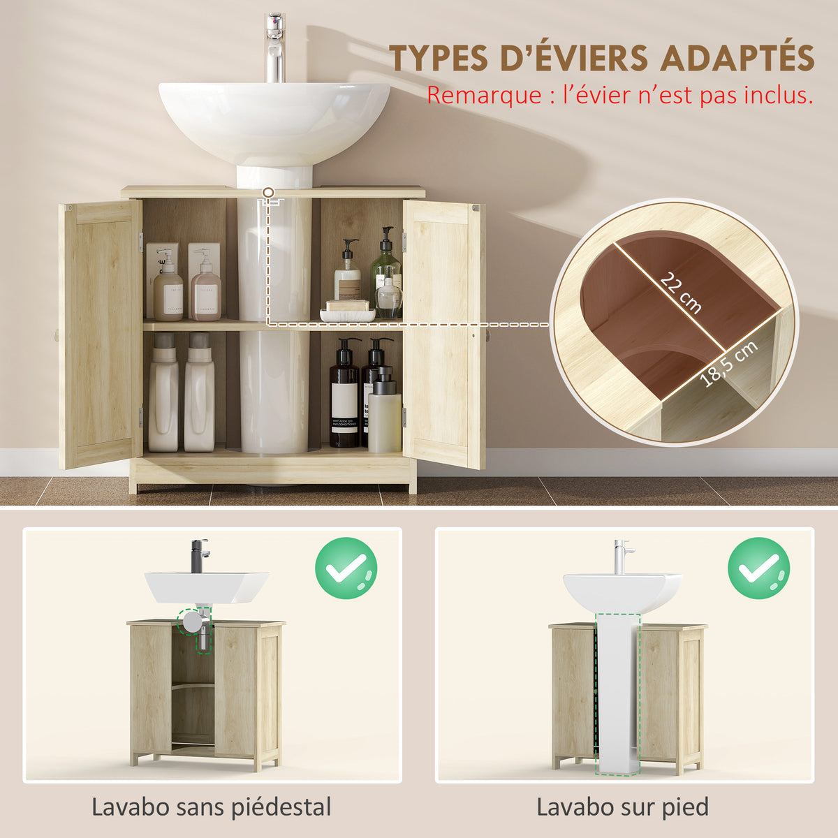 Meuble Salle de Bain sous Lavabo, Meuble sous-Vasque, Placard 2 Portes avec Étagère, 60x30x60cm, Chêne-3