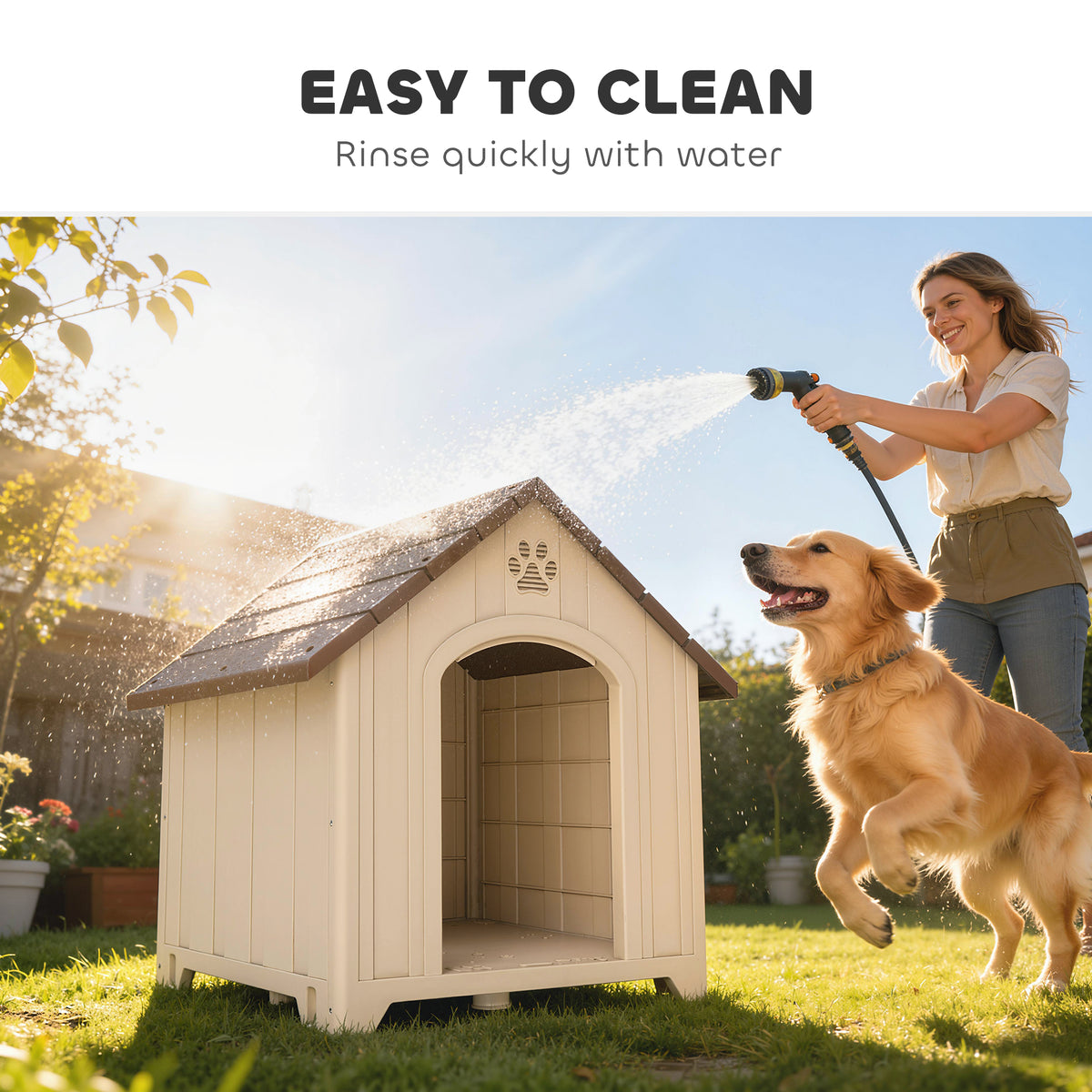 Niche pour chien extérieur, maison chien en polypropylène imperméable, ventilé, plancher surélevé, beige-8