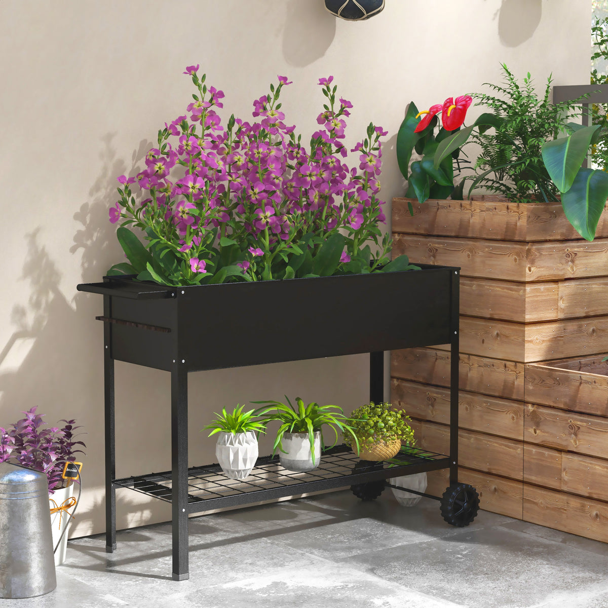 Jardinière sur Pieds Potager dim. 109L x 39l x 80H cm étagère 2 Roues + Insert d'irrigation métal Noir-1