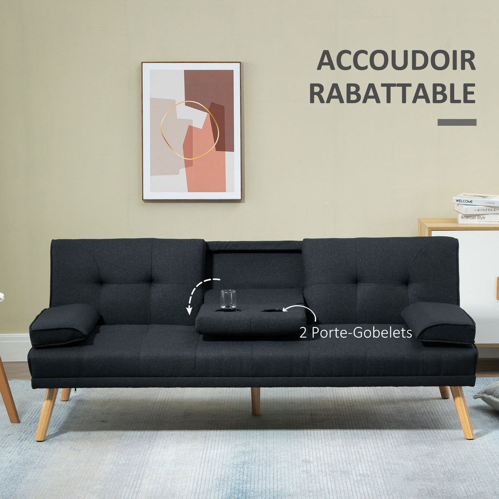 Canapé convertible 3 places, canapé-lit rembourré avec dossier réglable 3 niveaux, 2 coussins et 2 porte-gobelets intégrés, tissu de lin, pour salon, chambre d'amis, petit espace, gris-6