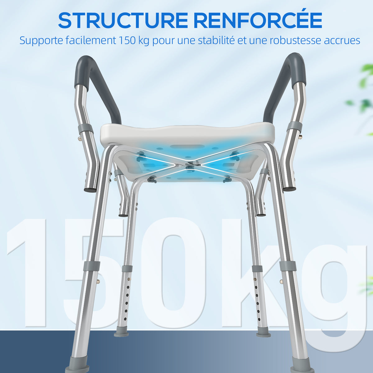 Tabouret de douche pour personnes âgées et handicapées avec accoudoirs, hauteur réglable, patins antidérapants, bleu-7