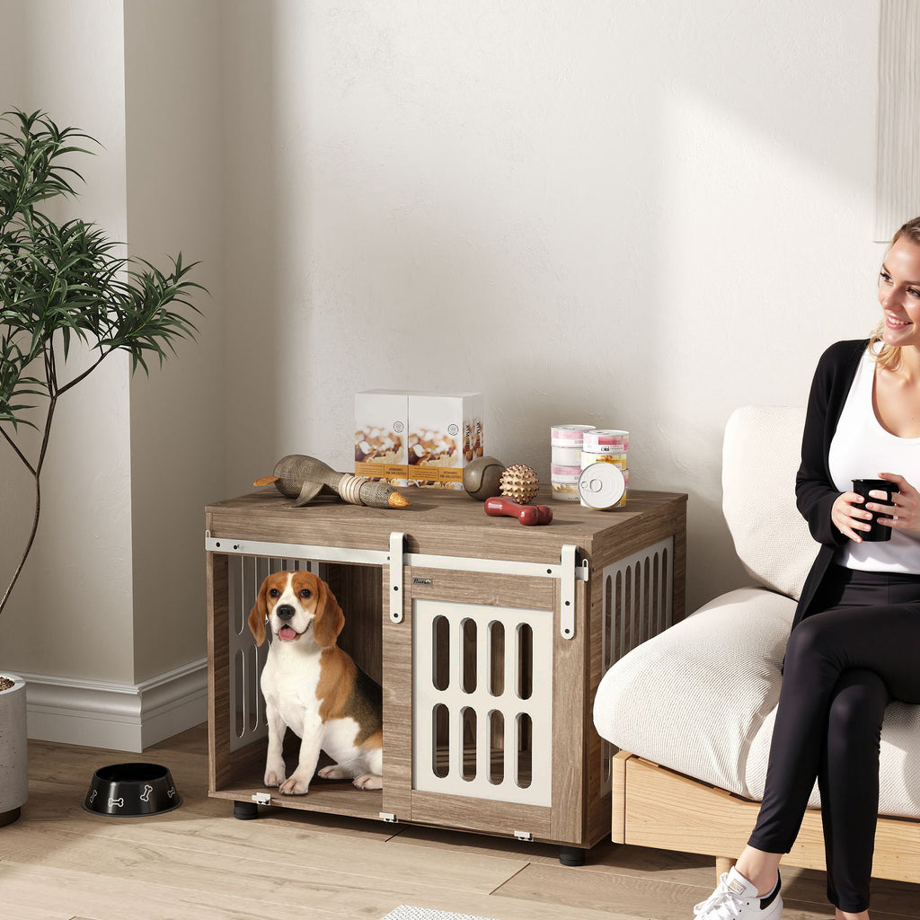 Meuble cage pour chien avec porte coulissante, maison pour chien de moyenne, table d'appoint, 80 x 59 x 63 cm, noyer-1