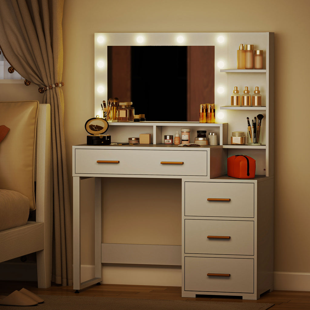 Coiffeuse avec miroir et 9 lumières LED, 4 tiroirs et 6 compartiments ouverts, 100 x 40 x 138 cm, blanc-9