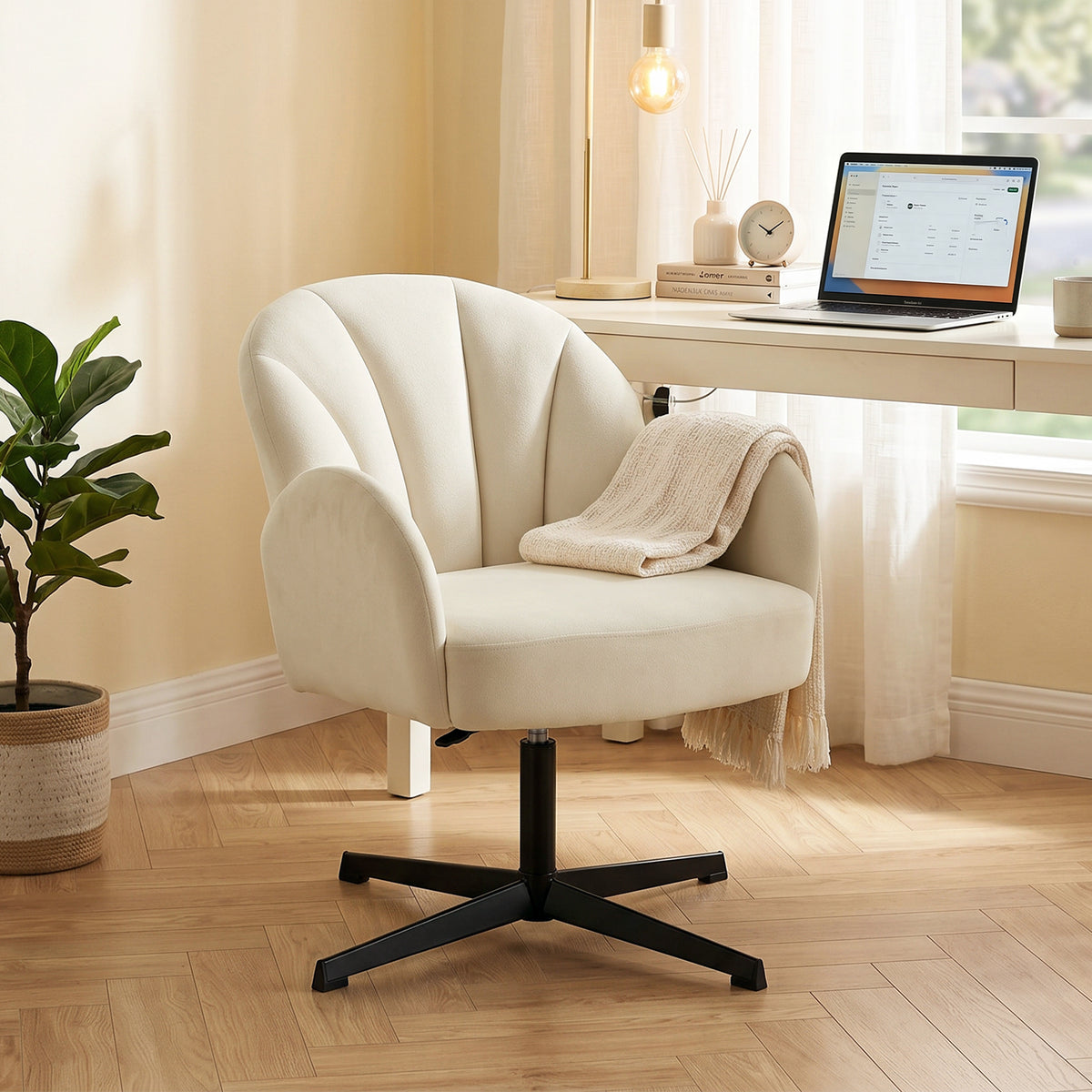 Fauteuil salon pivotant fauteuil d'appoint rembourré en velours dossier en forme de coquille coussin à ressorts beige-9