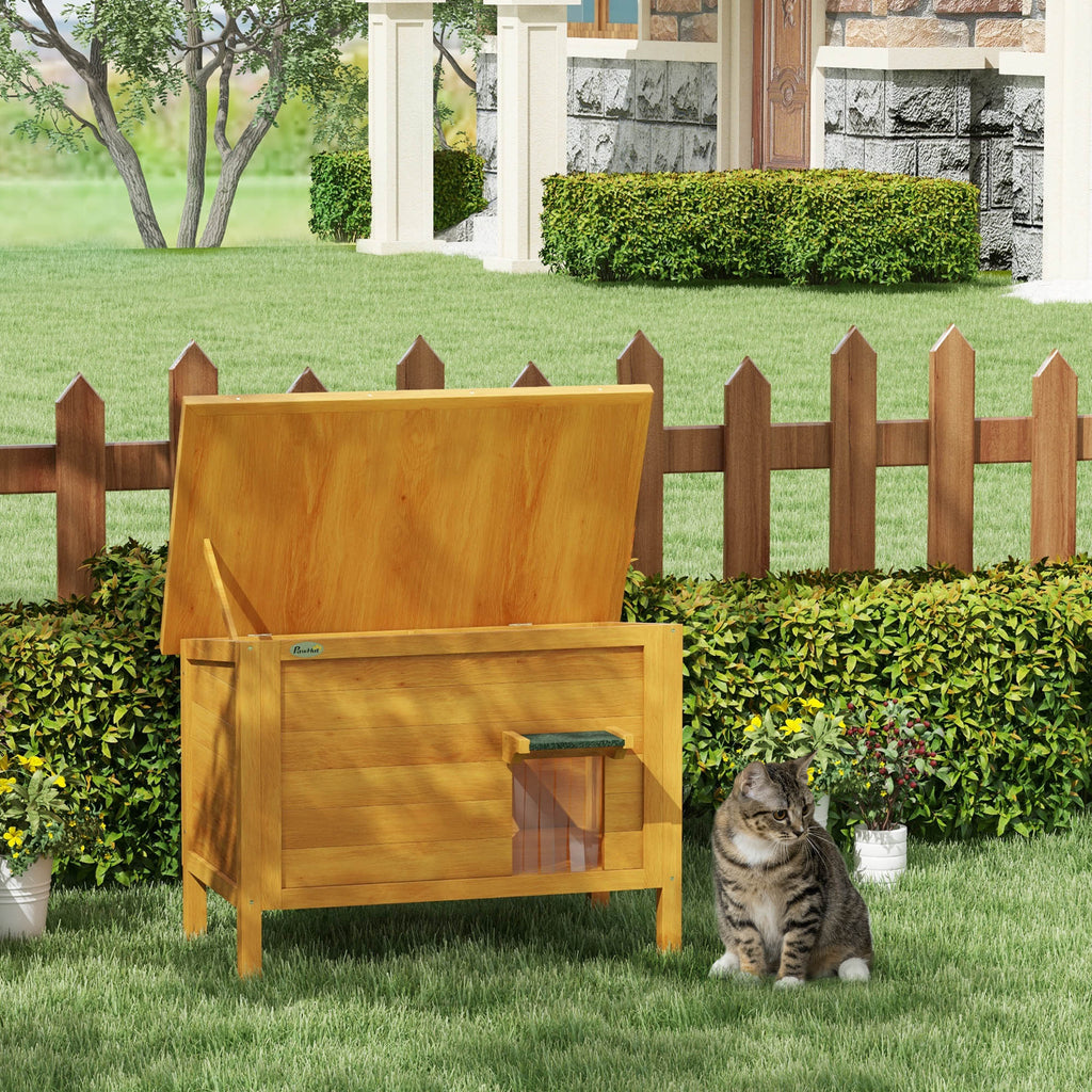 Maison pour chats niche d'extérieur en bois surrélevée avec toit ouvrable isolée  85 x 50 x 68,5 cm naturel vert-1