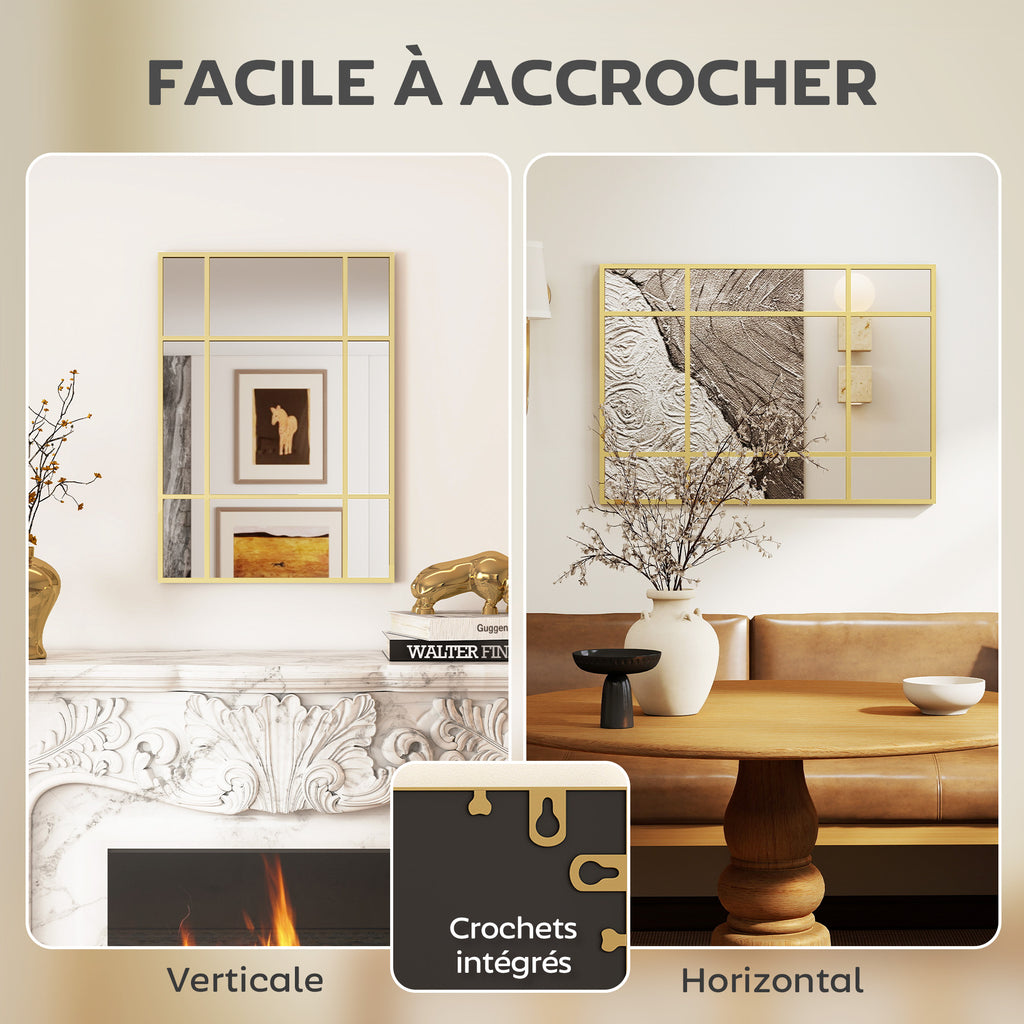Miroir mural verrière rectangulaire style fenêtre, horizontal ou vertical avec 4 crochets, en métal doré - 50x70 cm-4