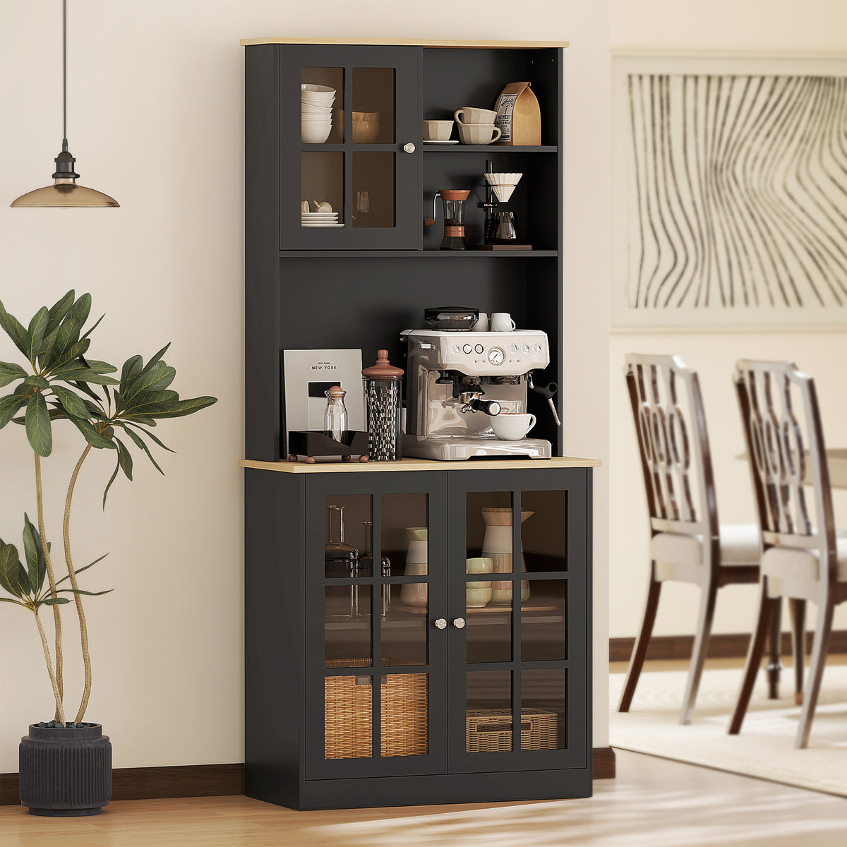Buffet cuisine, meuble cuisine rangement haut, meuble de rangement avec plan de travail, 3 portes vitrées, 2-1
