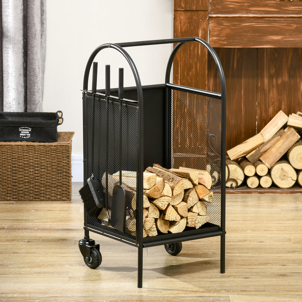 Range-bûches porte bûches sur roulettes avec accessoires pelle balai et tisonnier 37,5 x 37,5 x 80 cm noir-6