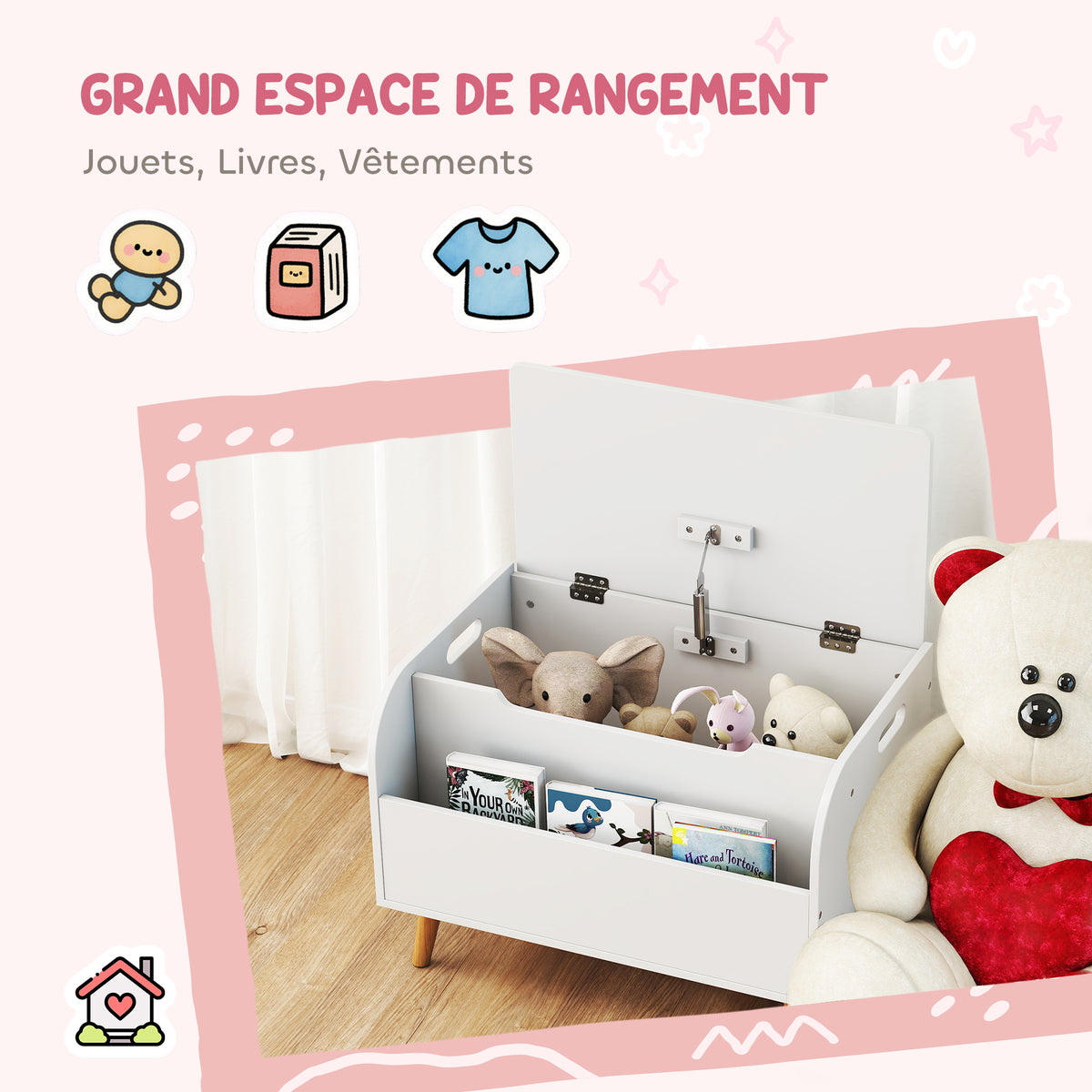 Coffre à jouet enfant, coffre de rangement enfant, couvercle rabattable et compartiment ouvert, 60x40x43cm, blanc-3