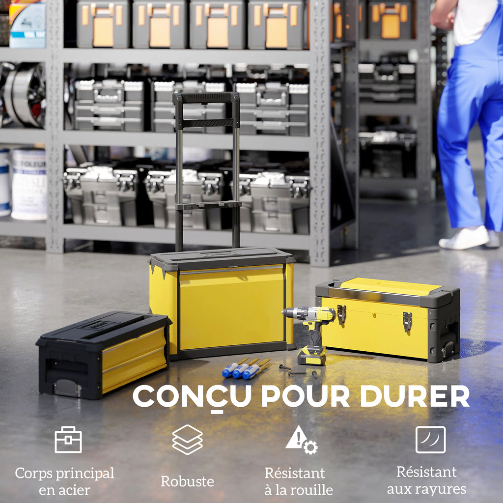 Lot de 3 boîtes à outils sur roulettes empilables et modulaires en acier avec plateau, poignées et serrure, jaune-6