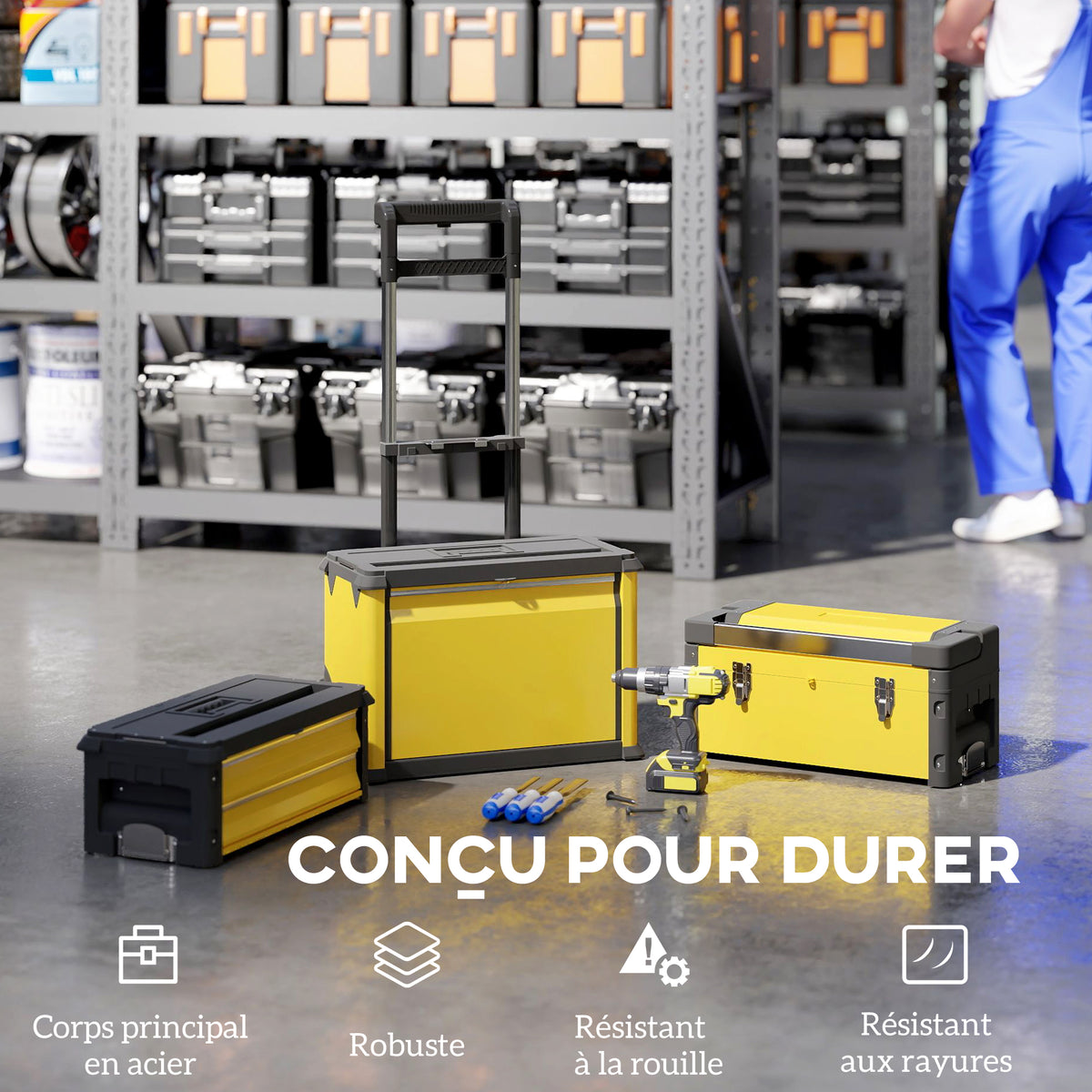 Lot de 3 boîtes à outils sur roulettes empilables et modulaires en acier avec plateau, poignées et serrure, jaune-6