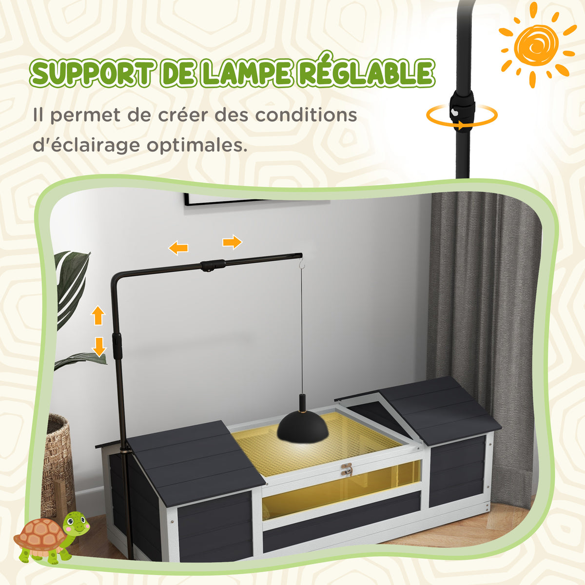 Maison tortue terrestre extérieure enclos tortue 2 niches support de lampe réglable bois massif 120 x 56,5 x 43 cm gris-4