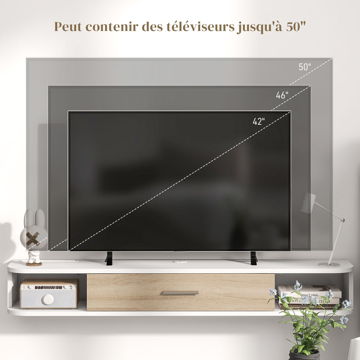 Meuble TV mural banc TV jusqu'à 50 pouces avec compartiments ouverts et armoire à porte rabattable blanc-5