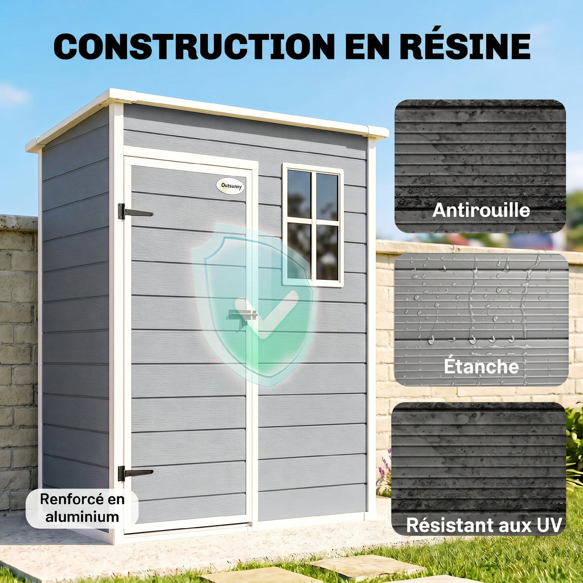 Abri de jardin 1,14 m² pour outils - porte verrouillable, aération et fenêtre - dim. 151L x 92l x 193H cm  - plastique, gris-3