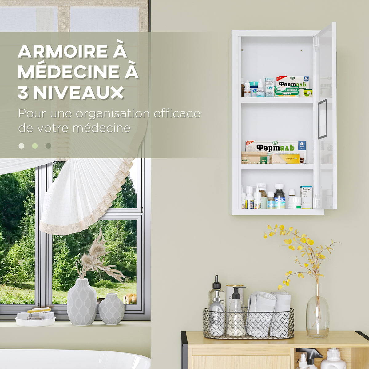 Armoire à pharmacie murale 2 étagères 3 niveaux avec porte aimantée métal 30 x 12 x 60 cm blanc-3