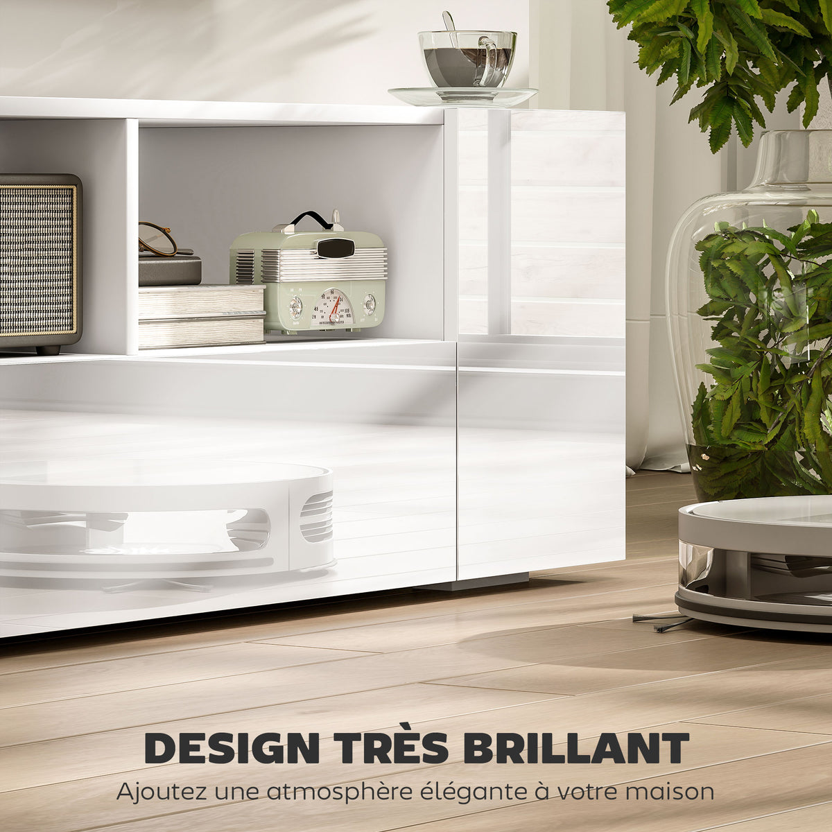 Meuble TV, banc TV, meuble de télévision, jusqu'à 60 pouces, avec lumières LED, 2 étagères et placards, panneau de porte brillant, 137 x 35 x 42 cm, blanc-3