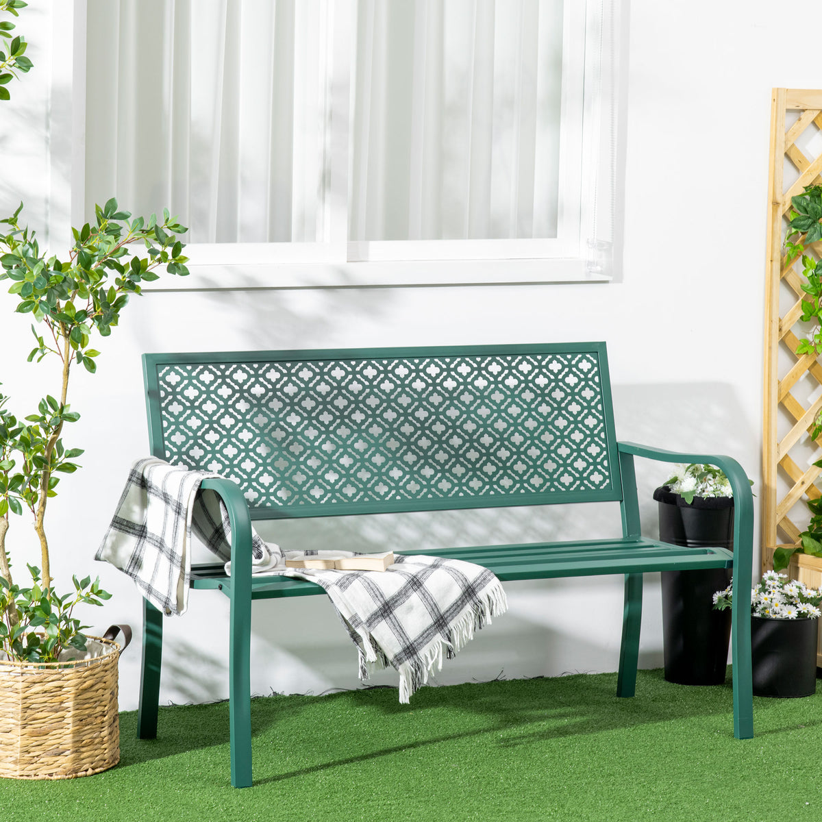 Banc de jardin banc extérieur jardin en acier avec dossier à motif floral pour 2 personnes 127 x 63 x 83 cm vert foncé-1