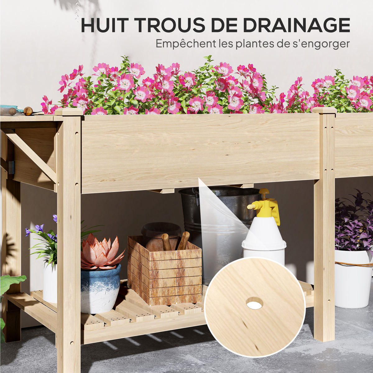 Jardinière sur pieds carré potager de jardin sur pieds 2 bacs tablette étagère inférieure 207 x 59 x 78 cm bois naturel-6