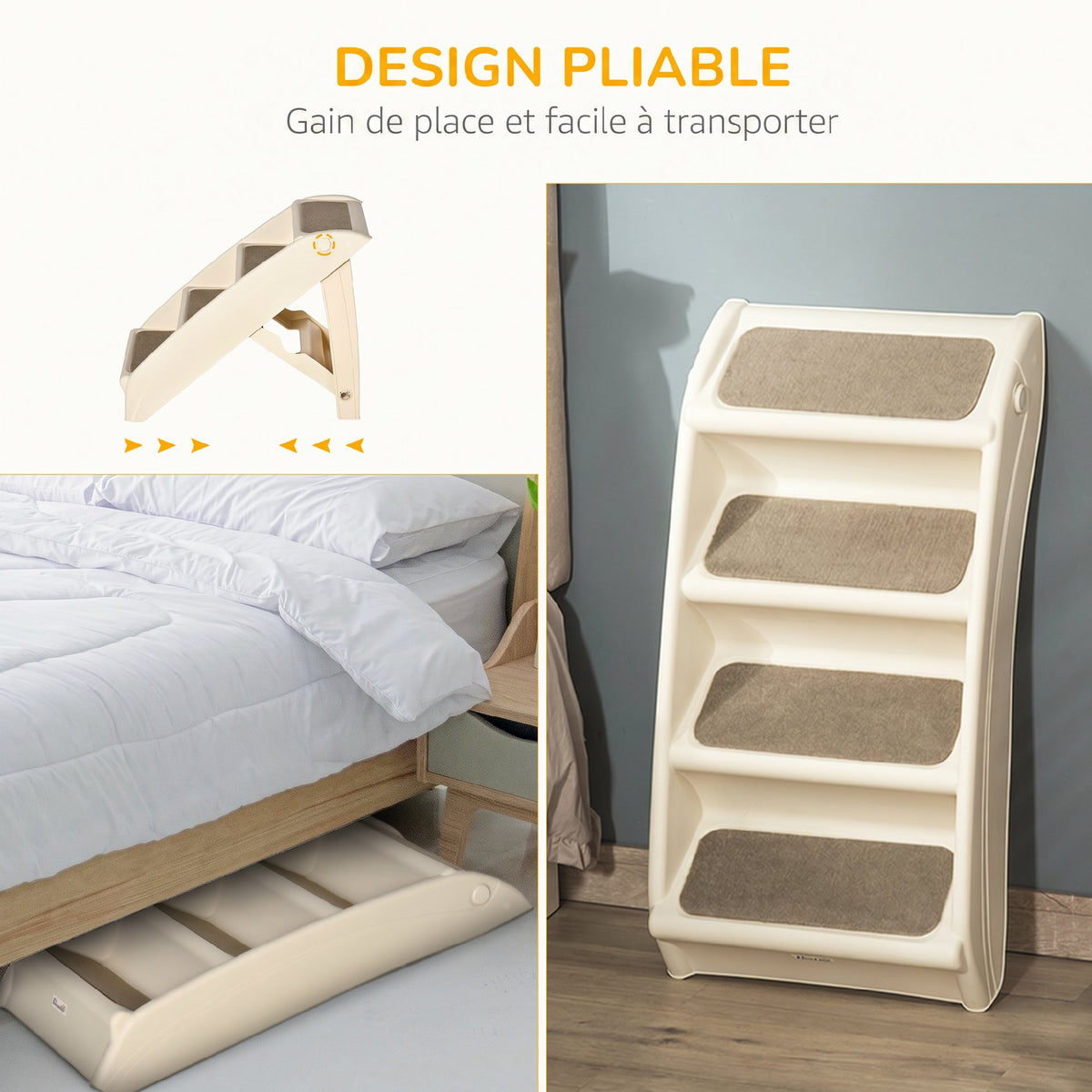 Escalier pour Chien Pliant à 4 Marches Antidérapantes, Escalier pour Animaux en Plastique, 62 x 38 x 49,5 cm, Beige-3