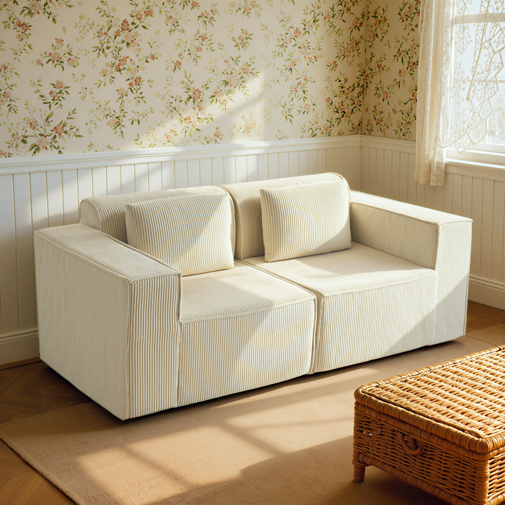 Canapé 3 places en velours côtelé, canapé rembourré, larges accoudoirs, 2 coussins, pas de montage, 202x90x76cm, beige-1