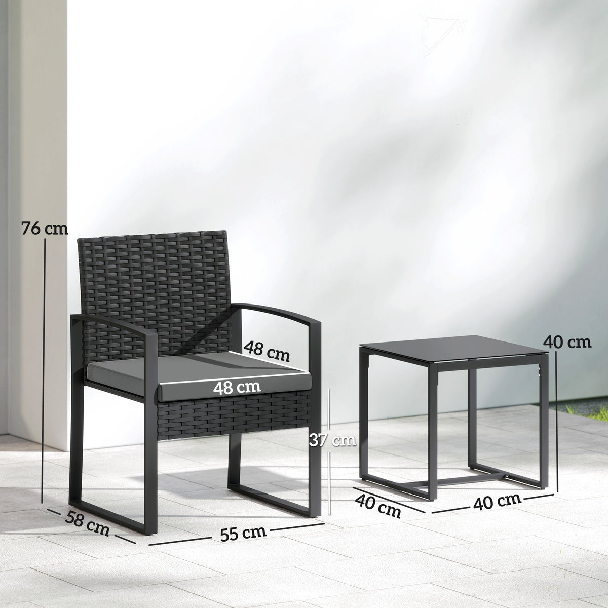 Salon de jardin extérieur en résine tressée 2 personnes, table de jardin avec 2 chaises, plateau en verre trempé, noir-2