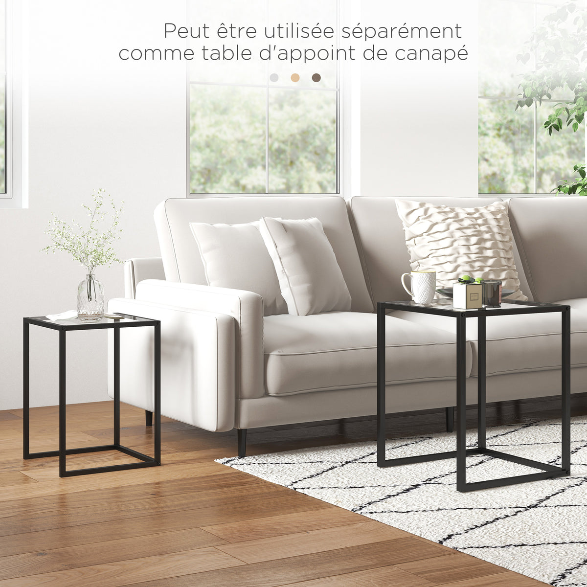 Lot de 2 tables basse gigogne, tables d'appoint empilable, plateau verre trempé cadre acier, patins antidérapants, noir-5