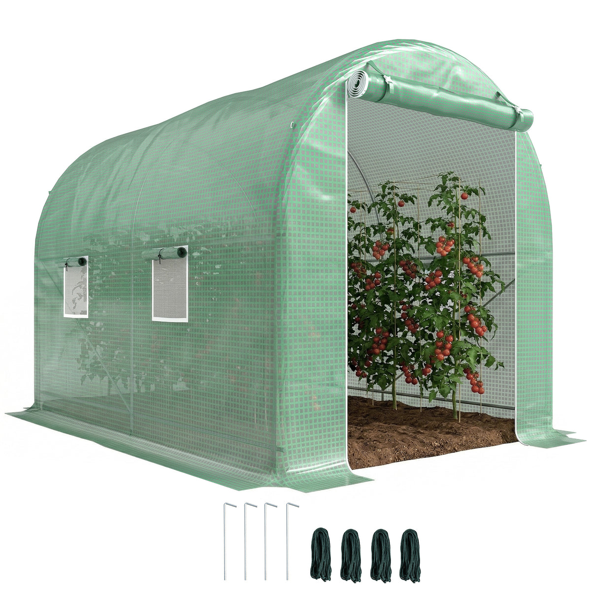 Serre de Jardin Tunnel Surface Sol 6 m² 3L x 2l x 2,10H m châssis Tubulaire renforcé Porte zippée 4 fenêtres enroulables cadre en métal Vert-0