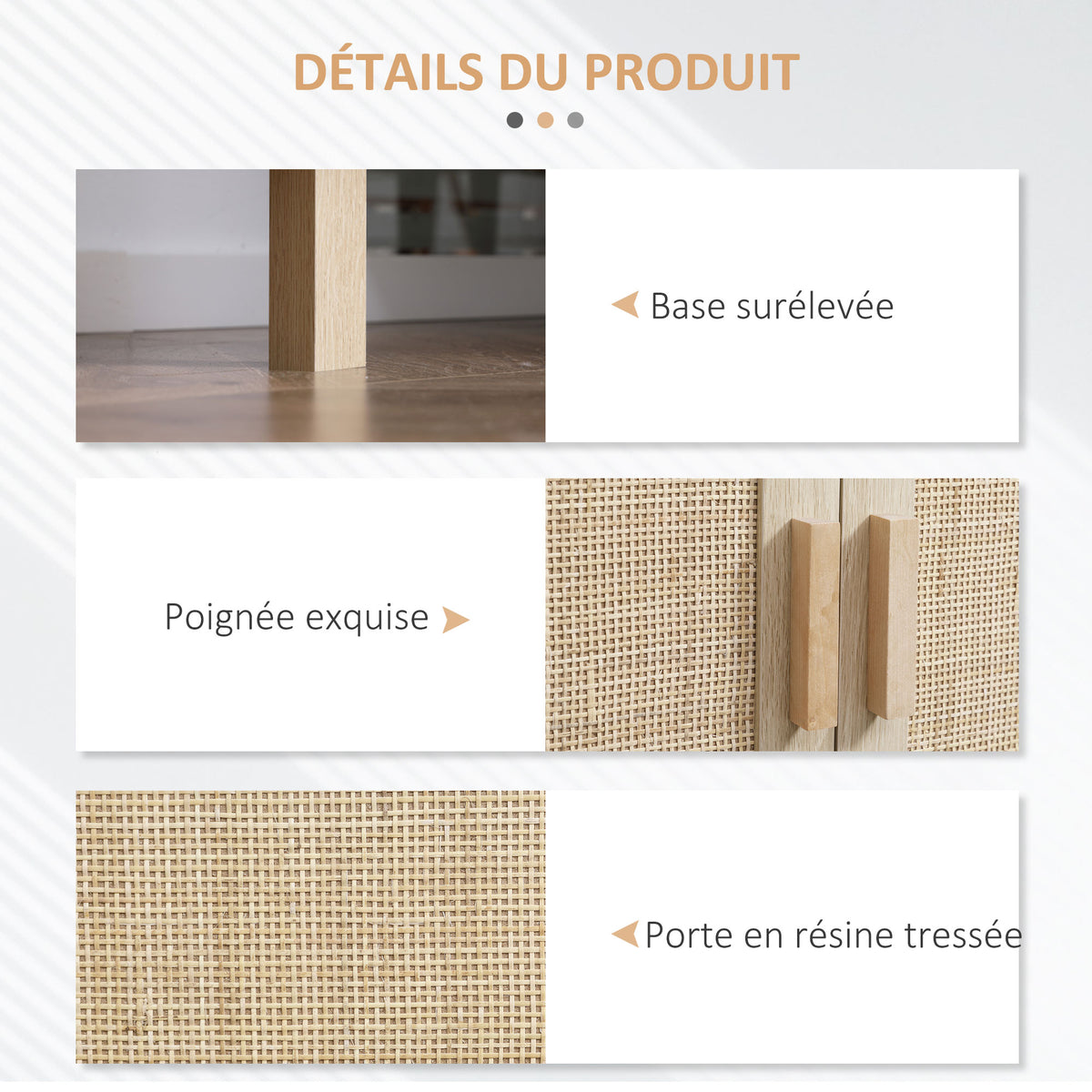 Buffet Meuble de Rangement Placard 3 Portes avec étagère réglable Effet cannage Style bohème - 136 x 41 x 70 cm-4