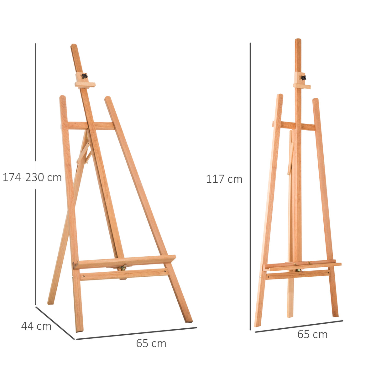 Chevalet d'Artiste sur Pieds, Inclinaison et Hauteur Réglables, Dim. 65L x 44l x 174-230H cm, Bois de Hêtre Clair-2