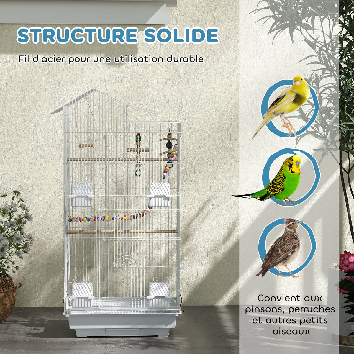 Cage à oiseaux 46 x 36 x 100 cm 4 mangeoires 3 perchoirs cage pour perruche calopsitte conure pinson canaris-5